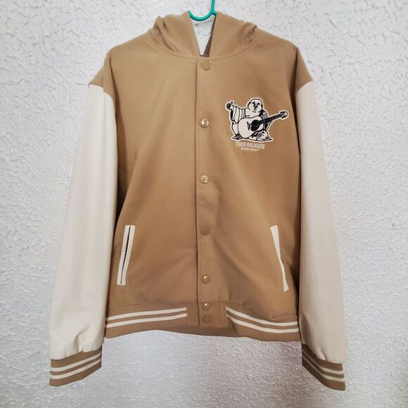 True Religion Buddha Logo Two Tone Varsity Letterman Jacket Men’s XL Leather NWT - Picture 1 of 16